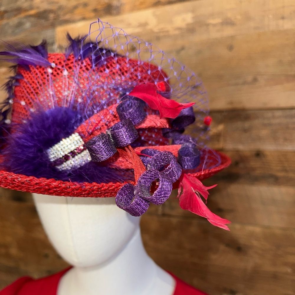 Custom Red Derby Hat Purple Feathers Rhinestones Netting Church Tea Party Events